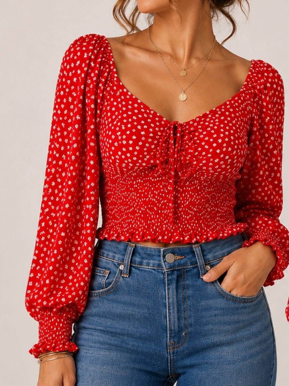 Sienna Sky Red Floral Smocked Crop Top Puff Long Sleeve Cottagecore Off Shoulder